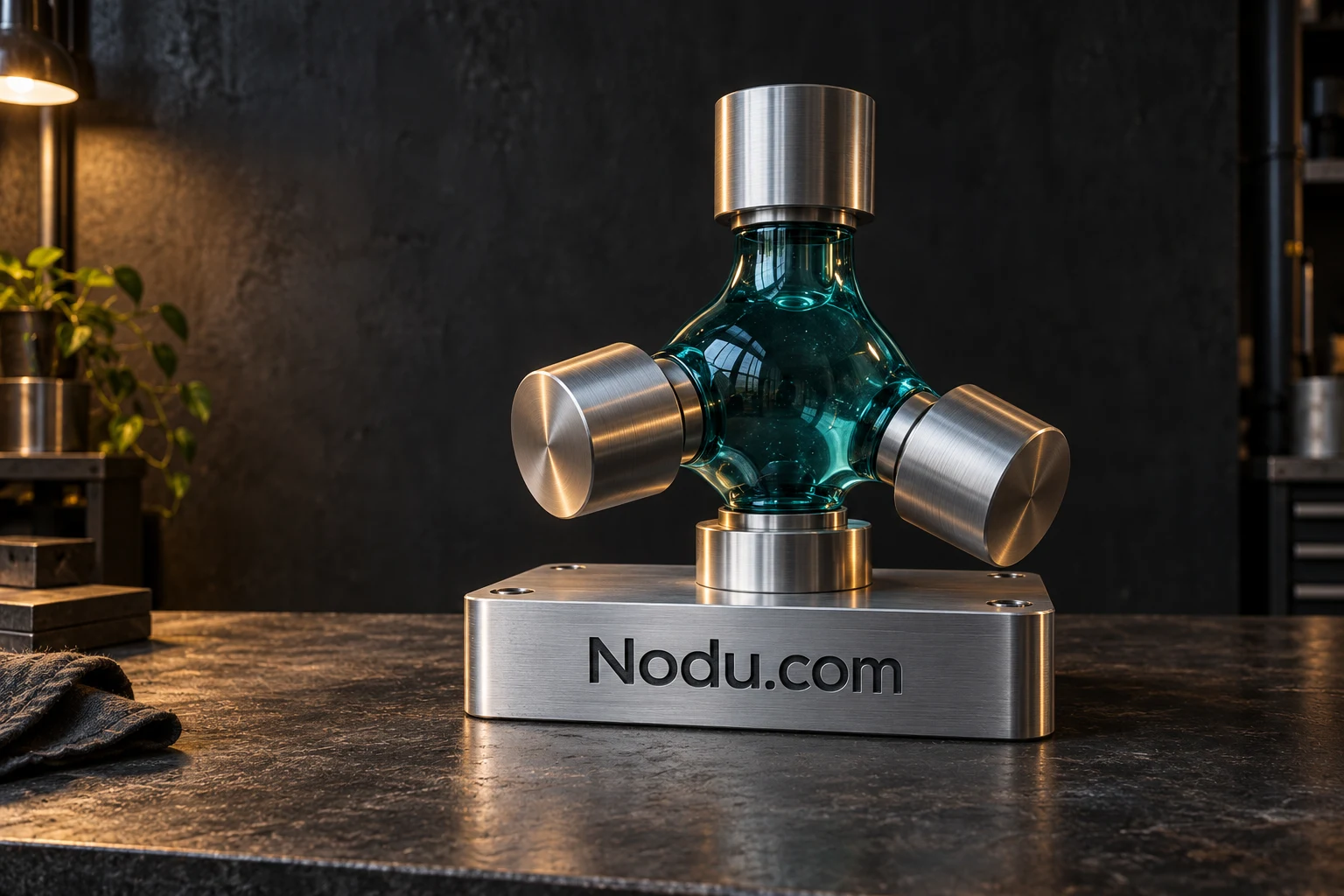 Teal glass and brushed aluminum connections in a sunlit workspace, with a Nodu.com nameplate.